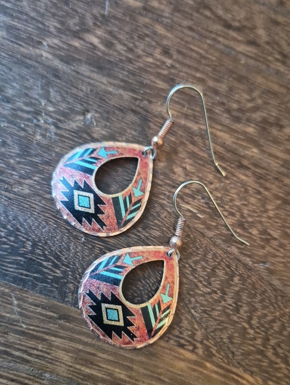 Southwestern Aztec Print Copper & Silver Tone Tear Drop Dangle Earrings - Picture 3 of 7